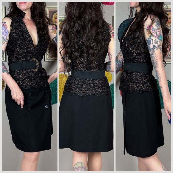 Vintage 1970s Black Floral Lace Overlay Sleeveless V-Neck Top - Picture 3 of 8